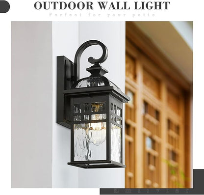 Emliviar 2 Pack Outdoor Wall Lanterns, 15" Modern Wall Mount Lamps for House, Black Finish with Water Ripple Glass, DE281B-2PK BK-WP