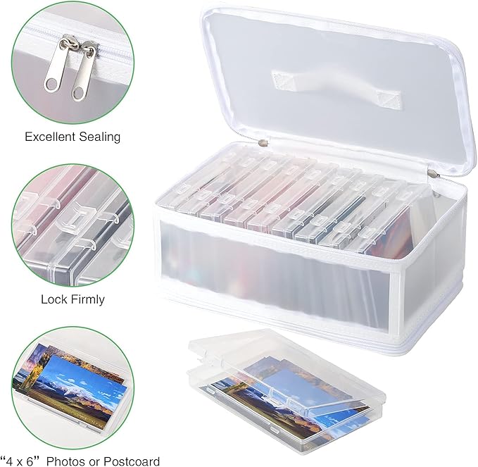 Photo Storage Bag 4x6, 10 Inner Large Photo Storage Box Photo Cases Store up to 1000 Photos, Photo Organizer Cards Craft Keeper with Handle for Photo Puzzles Cards Seed Packets (White)