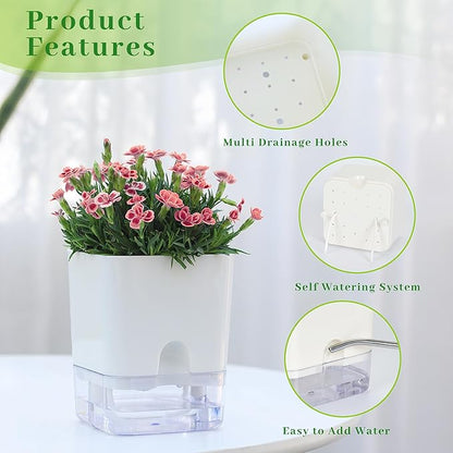 FAMZ Self Watering Planters 4 Pack，Self Watering Pots for Indoor Plants，Automatic Moisturizing，Transparent Square Flower Pot for Indoor and Outdoor Plants，Succulents，Violets，Ivy