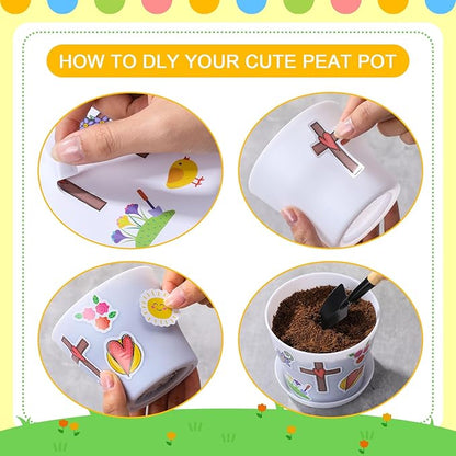 Domensi 30 Set Flower Pot Craft for Kids Bulk Spring Craft 4 Inch Garden Plastic DIY Plant Pot with Tray 30 Sheet Christian Sticker and 30 Certificates Card for Classroom School Mother's Day(White)
