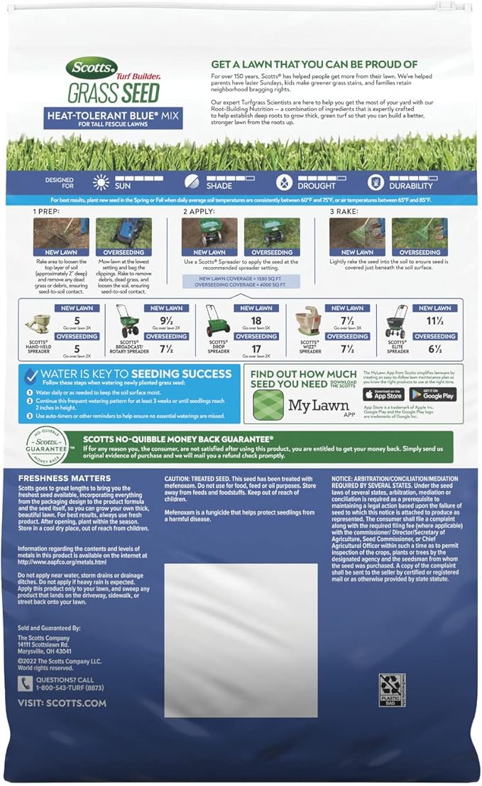 Scotts Turf Builder Grass Seed Heat-Tolerant Blue Mix for Tall Fescue Lawns with Fertilizer and Soil Improver, 16 lbs.