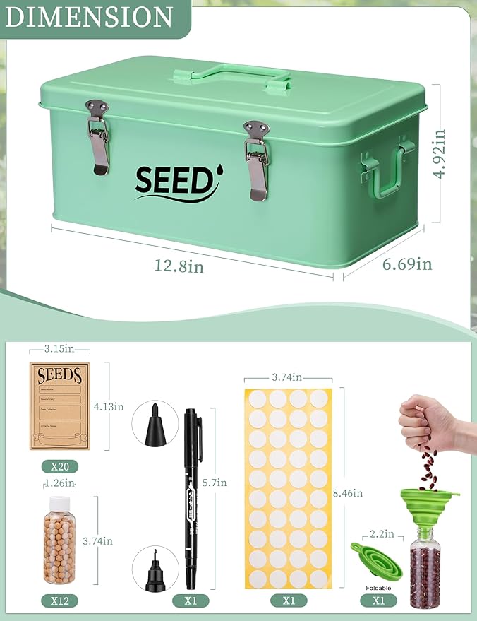 Seed Storage Organizer, Metal Seed Storage Box with Lid and Safety Locks, Seed Bin Packet Container with 12 Seed Bottles, 20 Seed Envelopes, Funnel, Marker Pen and Label Stickers