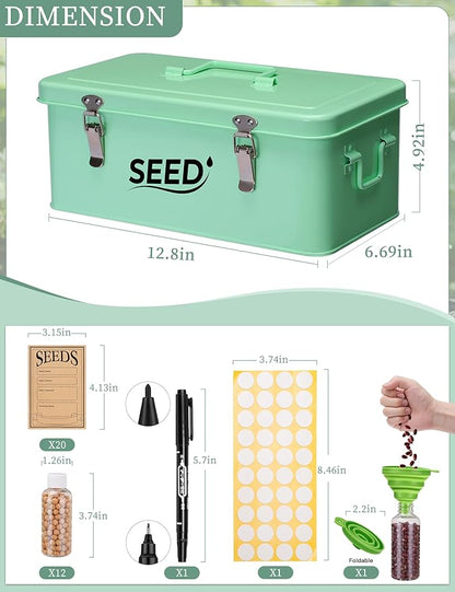 Seed Storage Organizer, Metal Seed Storage Box with Lid and Safety Locks, Seed Bin Packet Container with 12 Seed Bottles, 20 Seed Envelopes, Funnel, Marker Pen and Label Stickers
