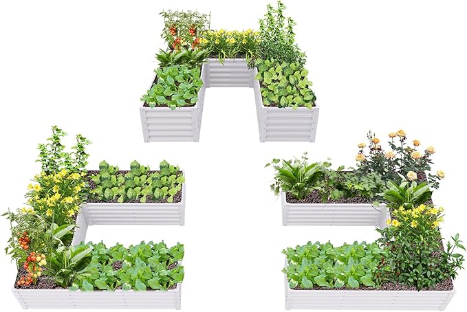 A ANLEOLIFE 3 Set U-Shaped Galvanized Raised Garden Beds Outdoor,6x6x1.5ft Large Metal Planter Box for Planting Vegetables Flowers Herb, Anti-Rust & Easy-Setup, Antique White