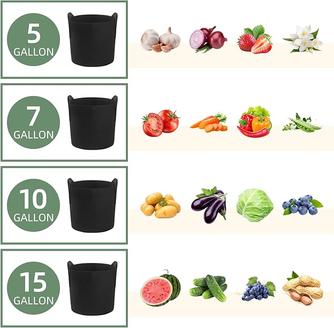 LITLANDSTAR 7 Pack Black Grow Bags, Thickened Nonwoven Plant Fabric Pots with 4 Sizes - 5/7/10/15 Gallon Aeration Planting Bags for Potato Tomato Carrot Strawberry