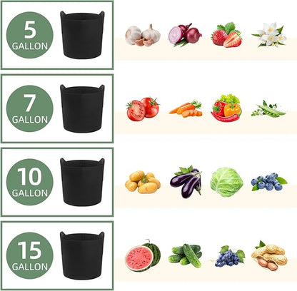 LITLANDSTAR 7 Pack Black Grow Bags, Thickened Nonwoven Plant Fabric Pots with 4 Sizes - 5/7/10/15 Gallon Aeration Planting Bags for Potato Tomato Carrot Strawberry