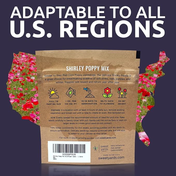 Shirley Poppy Seeds – Mixed Colors – Extra Large Packet – Over 200,000 Open Pollinated Non-GMO Wildflower Seeds – Papaver rhoeas