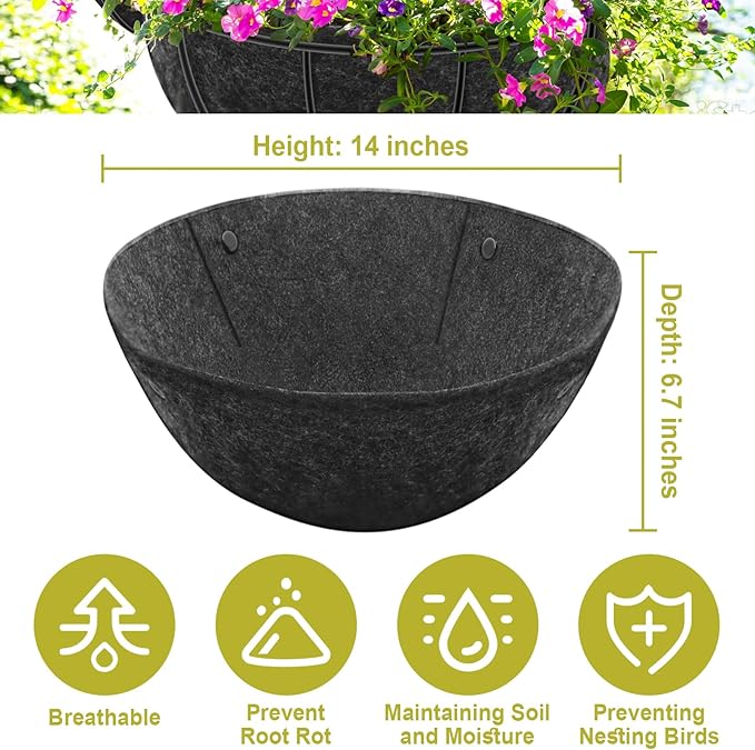Riare 8 Pack 14 Inch Round Fabric Planter Basket Liner- Hanging Basket Liners Replacement Coco Fiber Liner Alternative for Hanging Basket Flowers (Prevent Birds from Nesting)