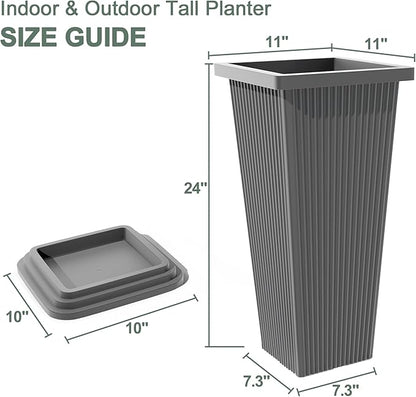 Set of 2 Tall Planters with Drainage Tray, 24 Inch Large Flower Pots for Indoor Outdoor Plants Mordern Planter Weather-Resistant for Patio, Front Door Decor, Garden (Gray Ribbed)
