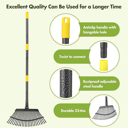 INFLATION Garden Rake for Leaves Heavy Duty Women Men Grandpas for Lawns,79” Length 18” Width Adjustable 25 Tines Sturdy Metal Yard Leaf Rakes with Non-Slip Comfortable Smooth Long Handle