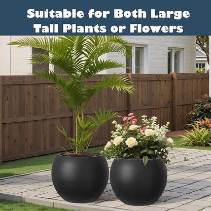 Large Round Planter with Drainage Hole, 13.7''H × 17.7''D Sphere Planter Indoor Plant Flower Pot for Outdoor Garden Patio Home, Black