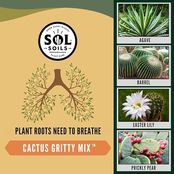 Sol Soils Gritty Cactus Soil Potting Mix - Fast Draining and Peat Moss Free with Coconut Husk Chips, Granite, Calcined Clay & Pumice for Indoor and Outdoor Plants - 1 Gallon
