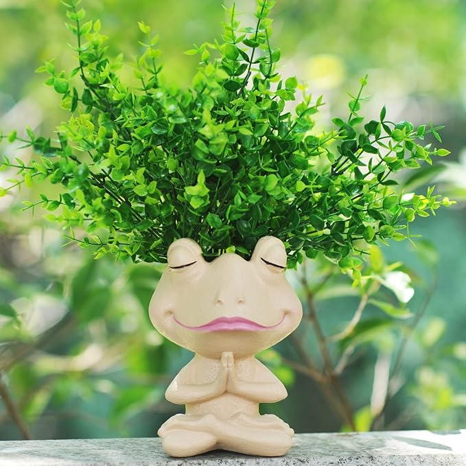 Face Planters Pots Head Yoga Frog Resin Plant Pot with Drainage Hole(Khaki-B)