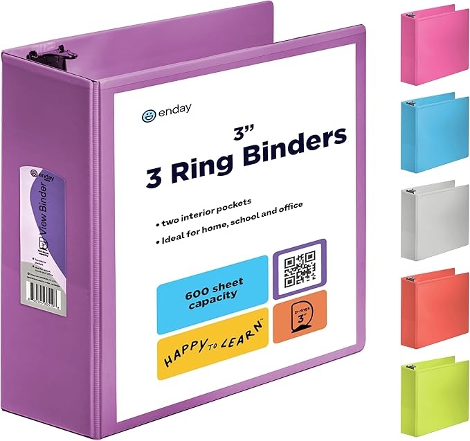 Enday 3 Inch Binder 3 Ring Binders Purple, Slant D-Ring 3” Clear View Cover with 2 Inside Pockets, Heavy Duty Colored School Supplies Office and Home Binders