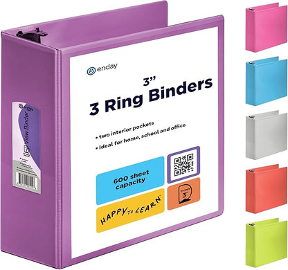 Enday 3 Inch Binder 3 Ring Binders Purple, Slant D-Ring 3” Clear View Cover with 2 Inside Pockets, Heavy Duty Colored School Supplies Office and Home Binders