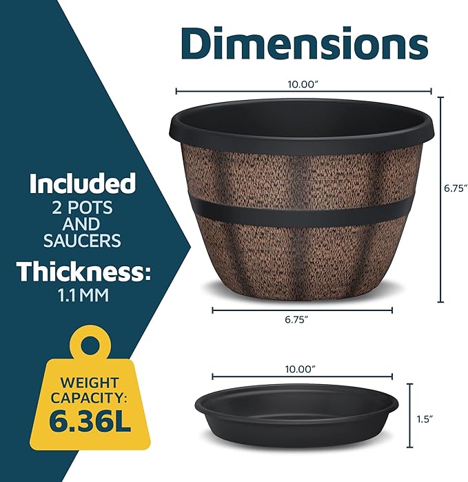 10-Inch Whiskey Barrel Planters Outdoor Pack of 2 - Durable Plastic Plant Pots for Indoor & Outdoor Use with Drainage & Saucer, Lightweight Rustic Barrel Planters for Flowers, Herbs & Small Plants