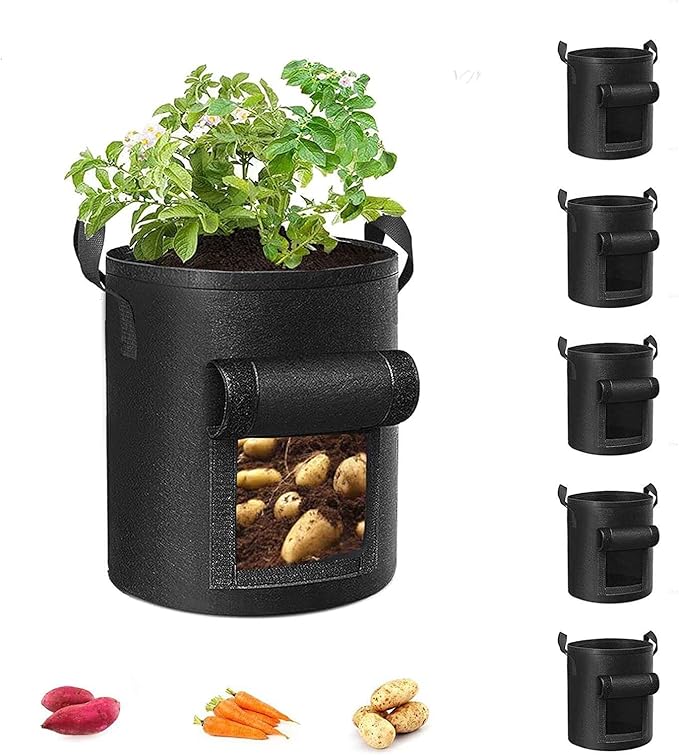 5 PCS Potato Grow Bags 4 Gallon with Flap Plant Grow Bags Garden Vegetable Planting Pots Grow Bags for Growing Potatoes Tomato and Fruits Outdoor 20cm/7.8inch Diameter 25cm/9.8inch Height