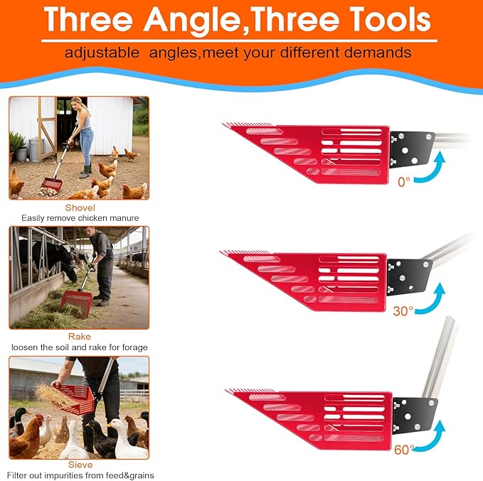 Heavy Duty Chicken Poop Scooper & Rake 2 in 1,Adjustable Angle Handle Chicken Coop Metal Litter Scoop & Sand Sifting Shovel,Pooper Scooper for Dog,Cat,Poultry,Farm Animals,34"-66"