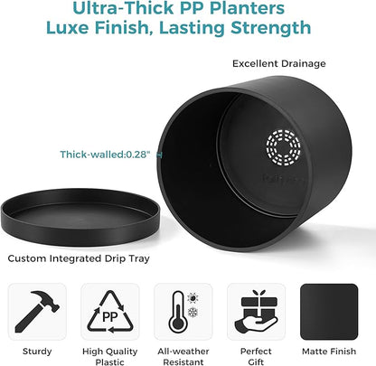 FaithLand 10-Inch Modern Cylinder Planter, Thick-Walled Plastic Plant Pot with Drainage Holes and Detachable Saucer, Matte Black, Ideal for Indoor & Outdoor Plants Flowers