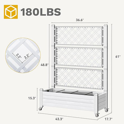 DWVO 3.6 x 1.5 x 5 FT Raised Garden Bed with Trellis, Large Outdoor Planter Trellis Box with Drainage Holes and Wheels for Climbing Plants, Grayish-White