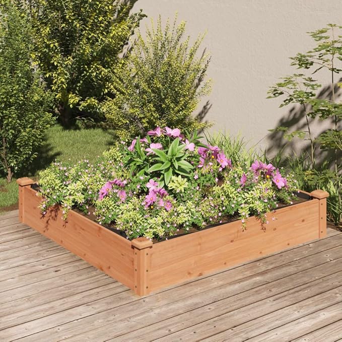 vidaXL Solid Fir Wood Raised Garden Bed with Liner - Outdoor Square Planter for Vegetables, Herbs, Flowers - 47.2x47.2x9.8 - Brown