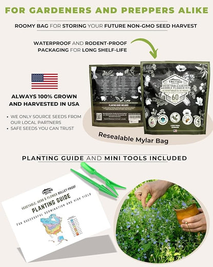 Tactiko Survival 60 Medicinal & Survival Seed Kit – Heirloom Non-GMO USA Grown Seeds for Vegetables, Herbs & Edible Flowers – Emergency Food Supply Vault - Mylar Storage - Tools - Planting Guide