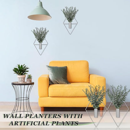 Jexine 8 Pcs Hanging Planters with Artificial Eucalyptus Metal Hanging Vase Indoor Plants Holder Modern Geometric Boho Bathroom Wall Decor for Living Room Home Office (Eucalyptus,Chrome Sliver)