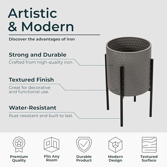 Decorative Flower Pots with Metal Stand for Home Decor - Modern Planters for Hallway, Entryway, and Living Room Decor - Indoor and Outdoor Pots for Plants - Set of 2, 23", 19", Gray & Black