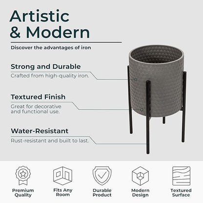 Decorative Flower Pots with Metal Stand for Home Decor - Modern Planters for Hallway, Entryway, and Living Room Decor - Indoor and Outdoor Pots for Plants - Set of 2, 23", 19", Gray & Black