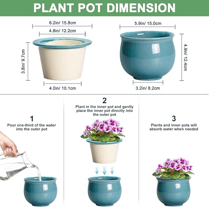 African Violet Pots 6 Inch, Ceramic Self Watering Pot with Absorbent Inner Planter, African Plant Pots for Indoor Plants, Round Flower Pot, Bedroom Decor, Gifts for Plant Lover, Glaze Blue