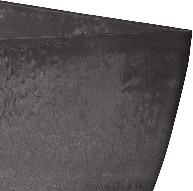PSW Pot Collection 16x13 inch Plastic/Stone/Wood Composite Square Planter – No Drainage Hole (Drillable), Modern Indoor/Outer Pot for Flowers, Foliage, Succulents, Fairy Gardens, Dark Charcoal