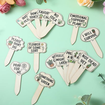 15Pcs Wooden Plant Signs, Funny Garden Plant Markers, Cute Patterns Interesting Words Labels with Stake for Indoor Outdoor Patio Decorative Plants Stakes Garden Tags