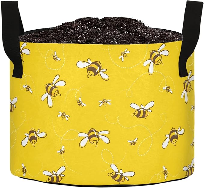 3 Gallon Flying Bees Yellow Floral Breathable Tomato Grow Bags Heavy Duty Plant Pot Containers with Handles for Potato Fruits Flowers Vegetables