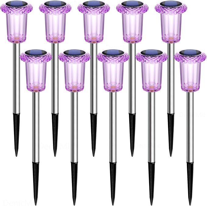 DenicMic Solar Lights Outdoor 10 Pack Waterproof Purple LED Stainless Steel Stake Outside Lights for Yard Pathway Garden Driveway Walkway Landscape Path Lighting