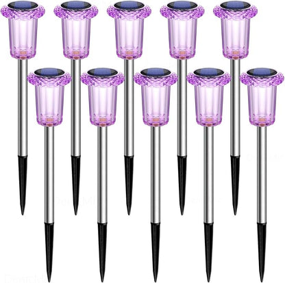DenicMic Solar Lights Outdoor 10 Pack Waterproof Purple LED Stainless Steel Stake Outside Lights for Yard Pathway Garden Driveway Walkway Landscape Path Lighting