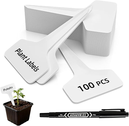 100 Pcs 4" Plant Labels with Marker Pen, Waterproof T-Type Garden Tags for Seeds, Flowers, Vegetable Seedlings, Plastic Nursery Markers for Outdoor & Indoor Gardening Organization