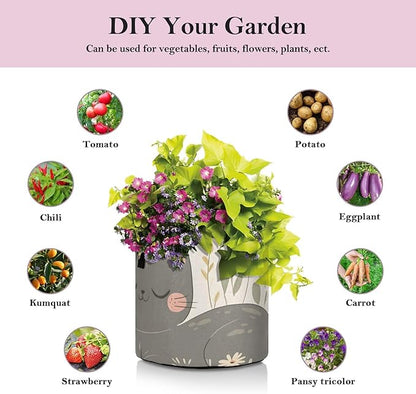 Fabric Plant Grow Bags Cartoon Grey Cat, 7Gallon Cloth Planting Pouch Flower Pot Thickened for Garden Vegetable Flower Planting