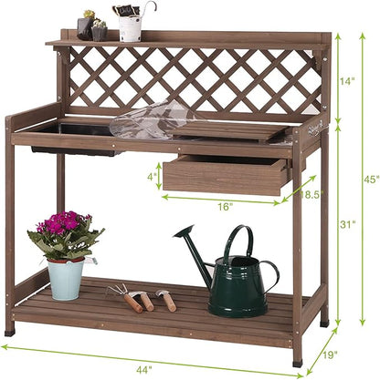 Outdoor Potting Bench, Wooden Garden Workstation Table w/Drawer, Open Shelf, Lower Storage- Extra PVC Layer