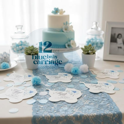Carriage-Shaped Seed Paper – 12 pcs Blue Shower Favors for Guests with Wildflower Seeds, Writable & Plantable, Gender Reveal, Birthday Gifts for Guest