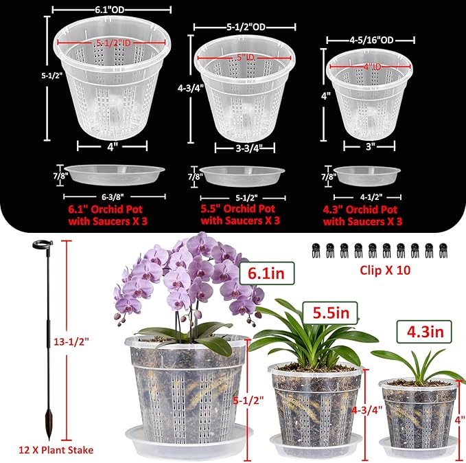 Orchid Pot with Saucers, 9 Pack Orchid Pots with Holes and 12Pcs Plant Stakes, 3 Each of 4.3",5.5",6.1" Clear Plastic Plant Pot for Indoor Outdoor Plants(3 Each of 4.3", 5.5", 6.1" + Saucers)