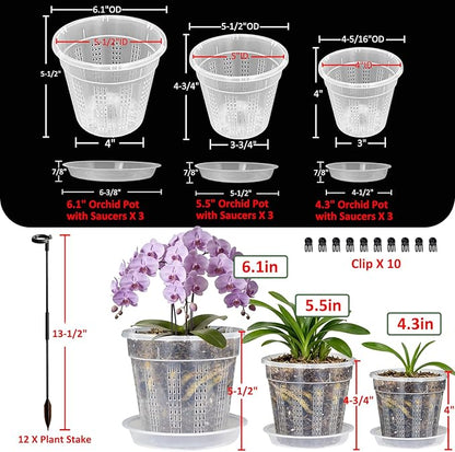 Orchid Pot with Saucers, 9 Pack Orchid Pots with Holes and 12Pcs Plant Stakes, 3 Each of 4.3",5.5",6.1" Clear Plastic Plant Pot for Indoor Outdoor Plants(3 Each of 4.3", 5.5", 6.1" + Saucers)
