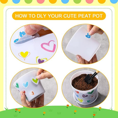 Domensi 30 Pack Spring Crafts for Kids Bulk DIY Flower Pots 4 Inch Plastic Garden Plant Pots Planters with Tray Drainage Holes with 458 Stickers 30 Certificates Cards to Decorate(White)