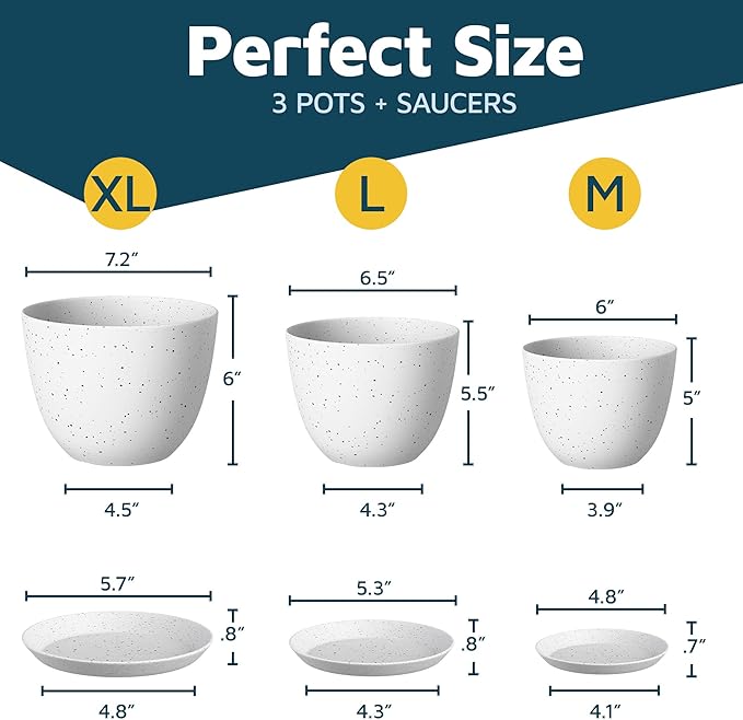 White Grey Plant Pots with Drainage Holes & Saucers 3 Pack, Indoor & Outdoor Stackable Space-Saving Planters for Houseplants & Flowers, (7", 6.7", and 6" Inches), Durable & Weatherproof Materials