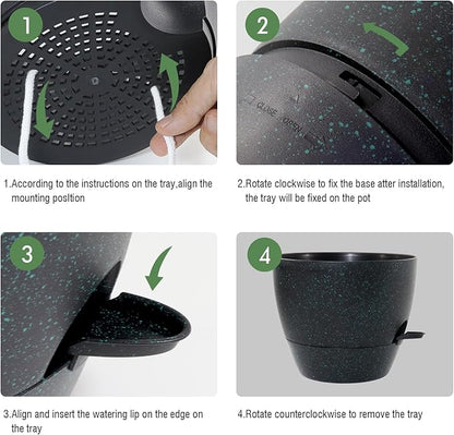 Large Self Watering Pots, 12/10/9 Plastic Planters with High Drainage Holes and Deep Reservoir for Indoor Outdoor Garden Plants and Flowers, Black with Green Speckles