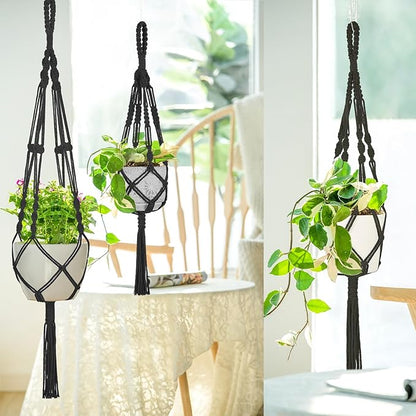 Mkono 3 Pack Macrame Plant Hangers, Different Sizes Hanging Planters Indoor Basket Decorative Flower Pots Holder Stand Boho Home Decor, Black