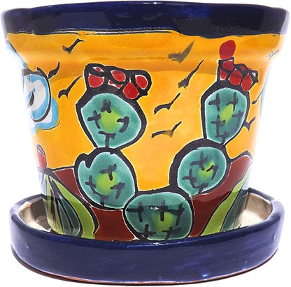 Talavera Mexican Pottery Planters with Saucer 4" Rancherito - Cactus - Sun Pot Hand Painted Ceramic Plant Pot Planter Indoor Outdoor (Rancherito)