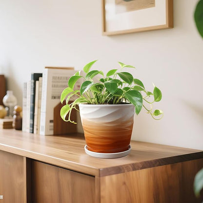 8 Inch Plant Pot, Ceramic Planter with Drainage and Saucer,Ceramic Planters for Indoor Plants, 8 Inch Garden pots(Khaki + White)