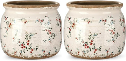 2 Pcs Vintage Planter Large Ceramic Plants Pot Beige Red Rustic Floral Ice Crack Cottage Scroll Vase Flower Pot Indoor Plants Home Kitchen Decor Farmhouse Antique Decorative Gifts