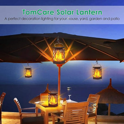 TomCare Solar Lights Outdoor Flickering Flame Solar Lantern Outdoor Waterproof Hanging Lanterns Decorative Lighting LED Flame Lights for Patio Garden, Black 4 Pack