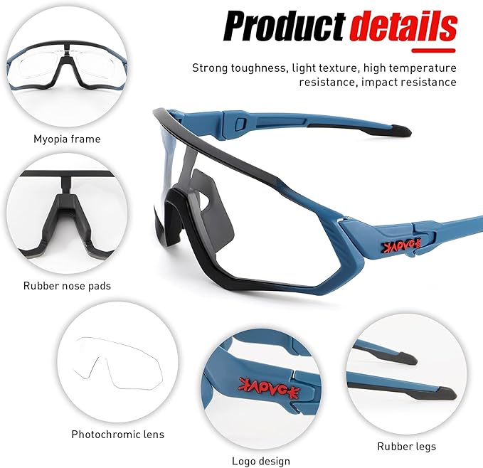 KAPVOE Photochromic Cycling Glasses Men Women Mountain Bike Sunglasses Clear MTB Bicycle Riding - K9408